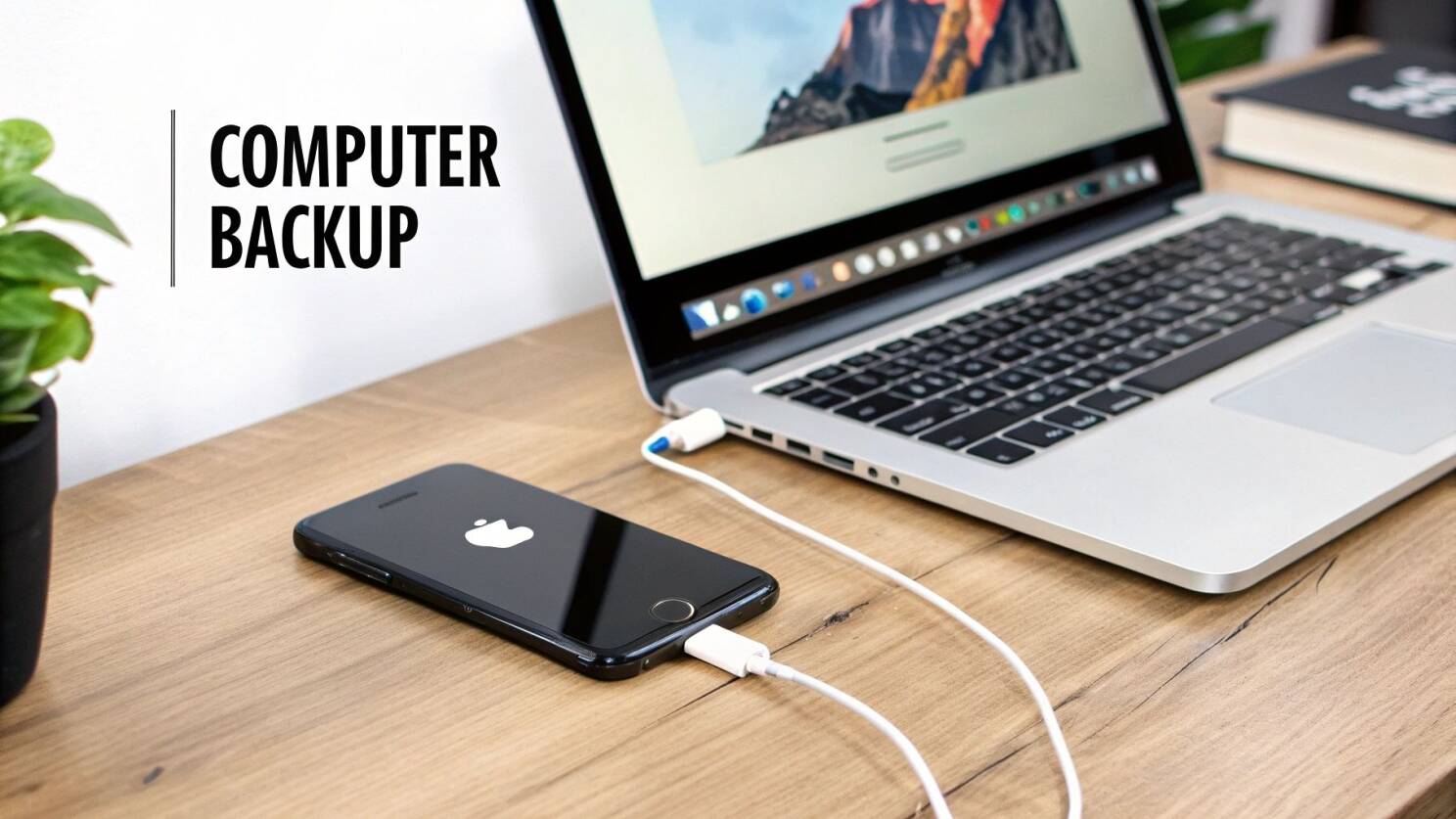 An iPhone connected to a laptop with a cable, showing the data transfer process.