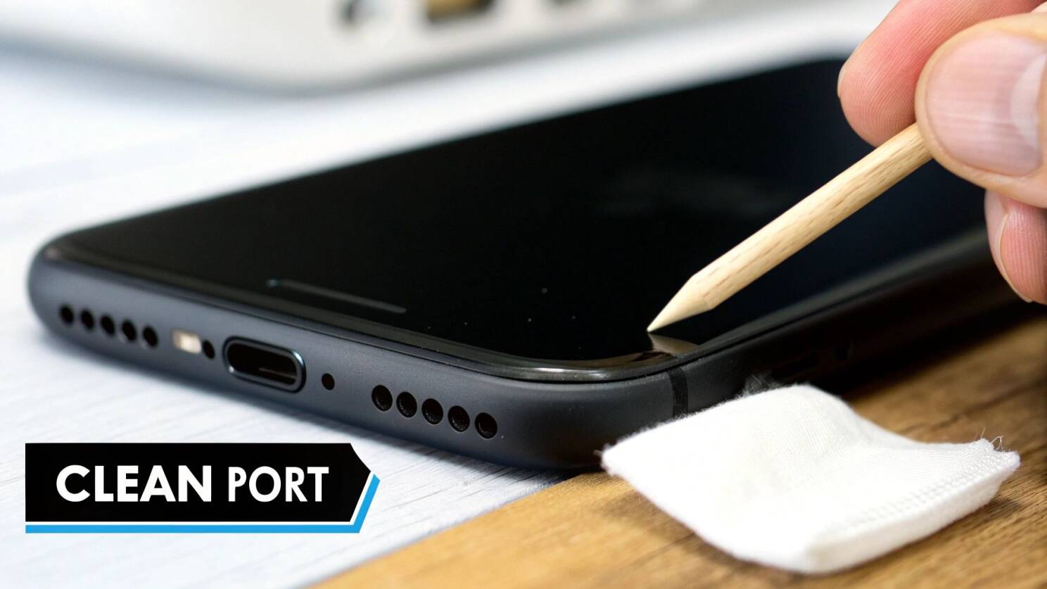 A close-up of a person using a toothpick to gently clean the charging port of an iPhone.
