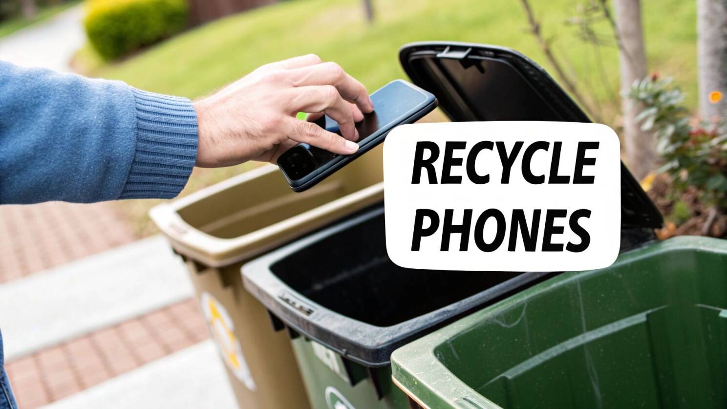 A collection of old mobile phones in a pile, ready for recycling.