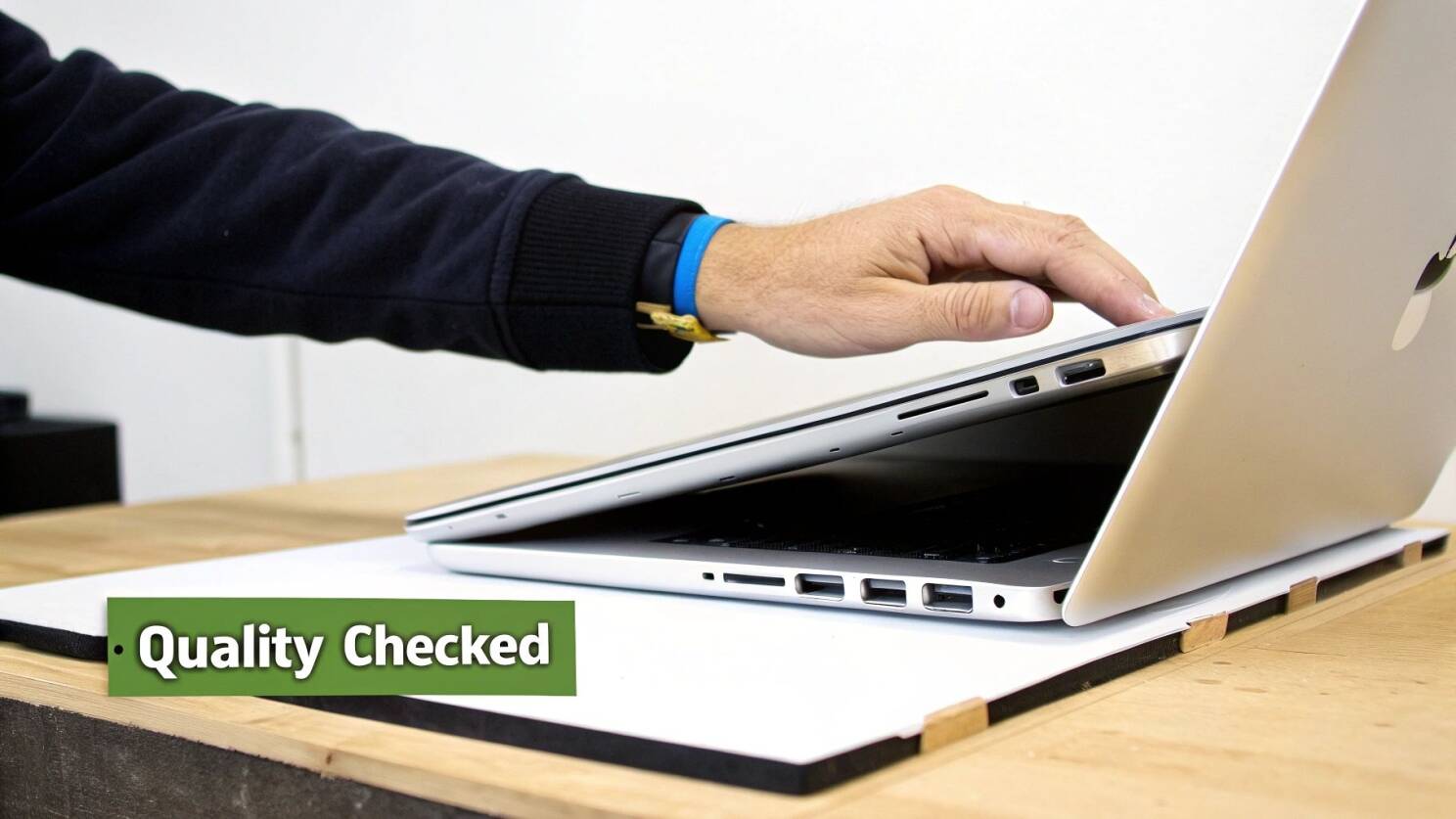 A close-up of someone carefully inspecting the keyboard and screen of a second hand Apple laptop.