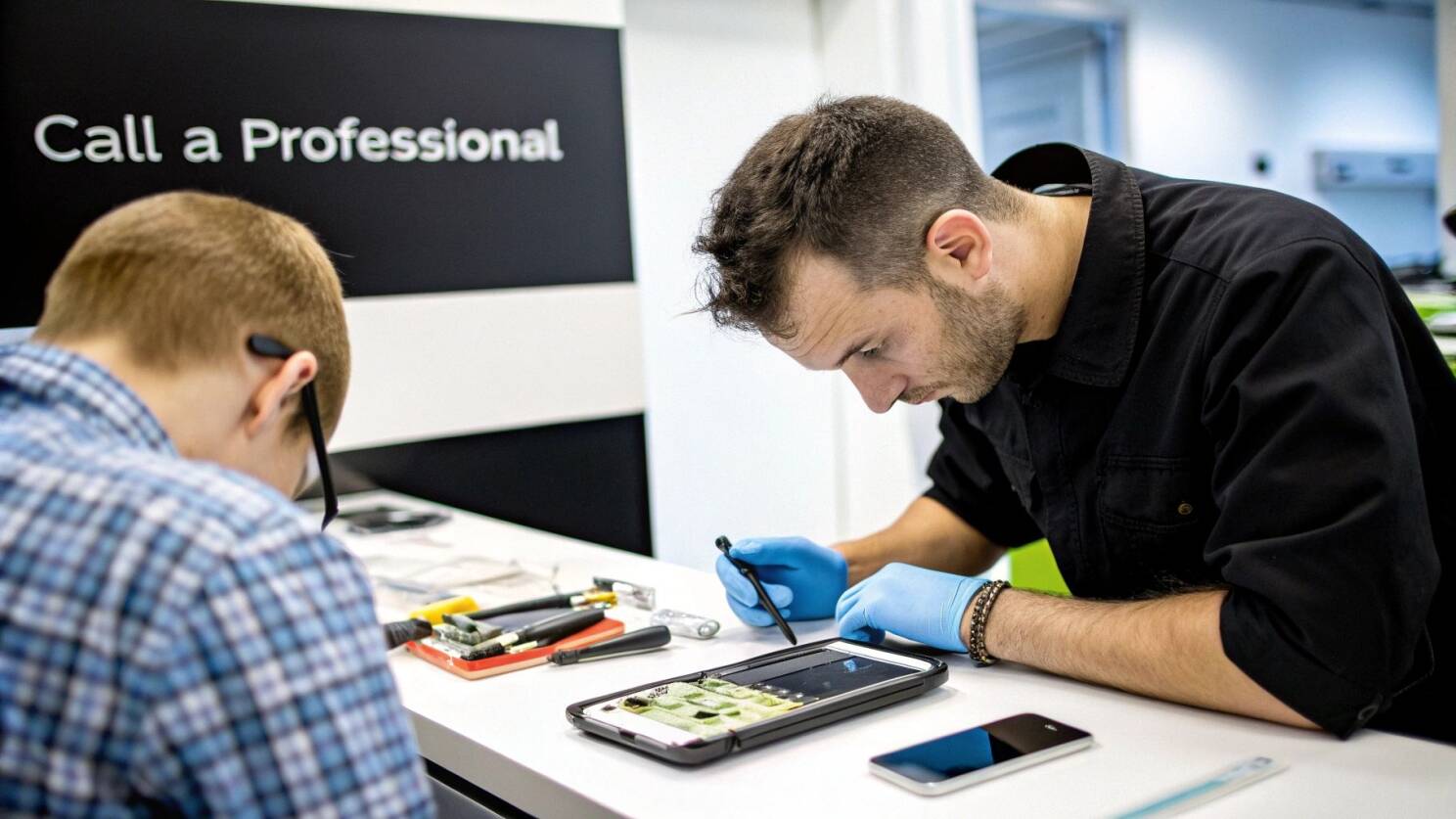 A close-up of a technician examining the charging port of an iPhone with professional tools.