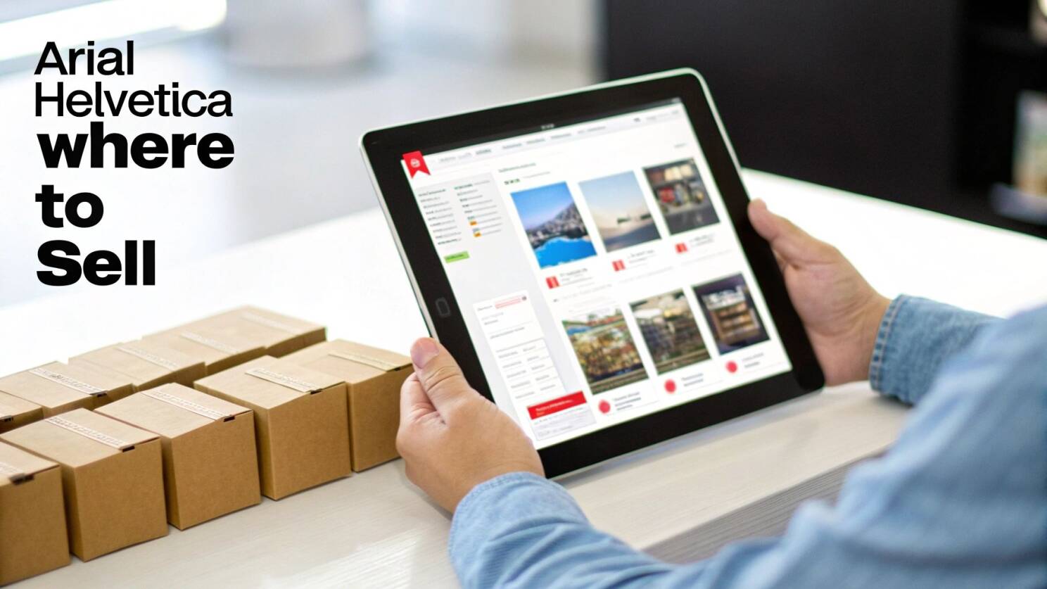 A person's hands holding an old smartphone, with a laptop in the background showing various online marketplaces and recycling websites.