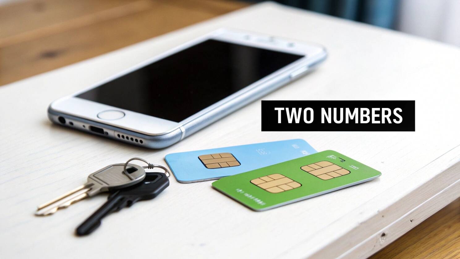 Two SIM cards next to a smartphone, illustrating the concept of a dual SIM phone.