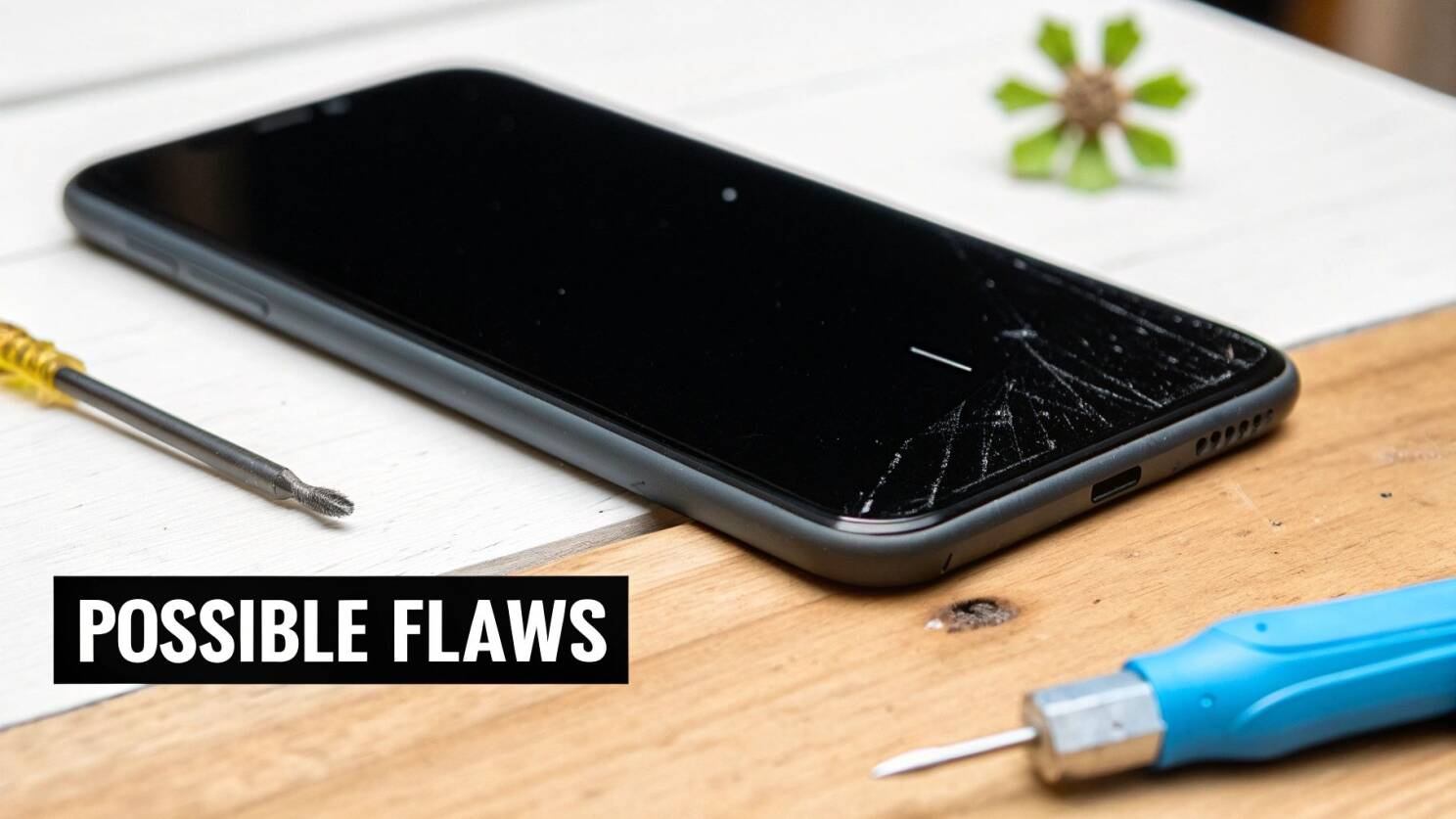A technician carefully inspecting a refurbished smartphone in a clean, well-lit workshop.