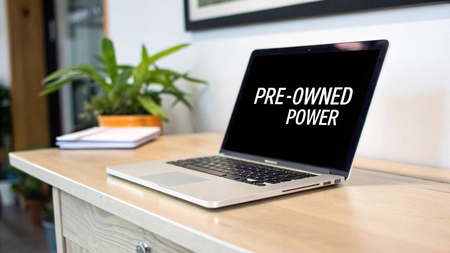 A person using a second hand Apple laptop while sitting on a comfy sofa.