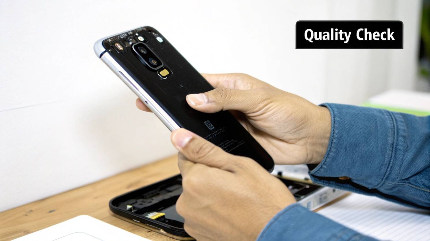 A smiling person happily using their refurbished phone outdoors.