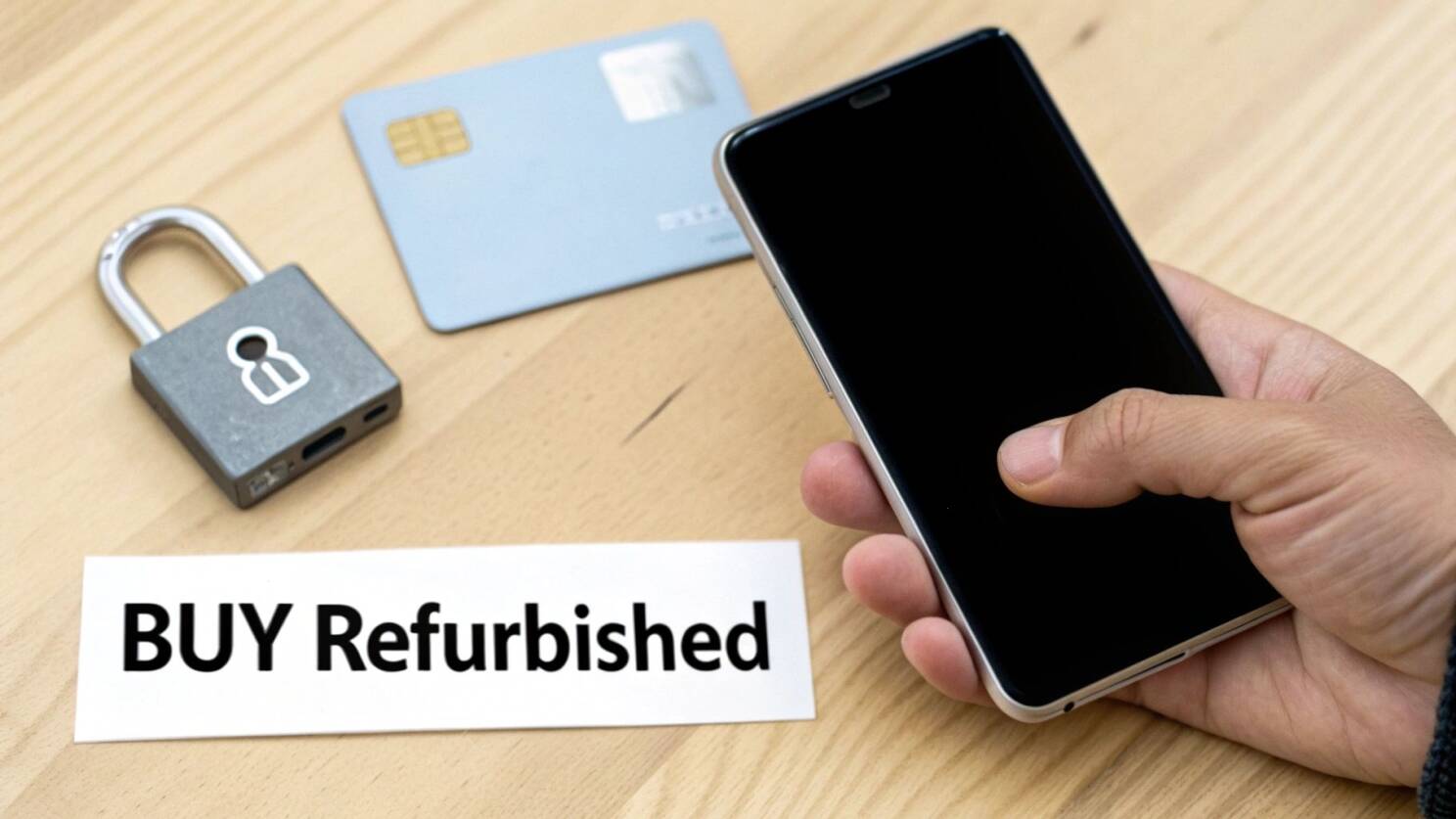 A person carefully inspecting a refurbished smartphone, checking its SIM tray.