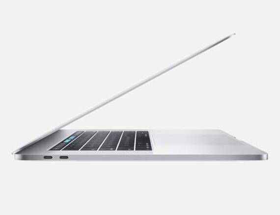 Sleek silver laptop at an angle.